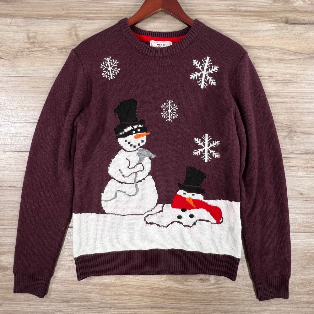 V28 Merry Christmas Snowman Graphic Knit Sweater Maroon Burgundy Mens Medium